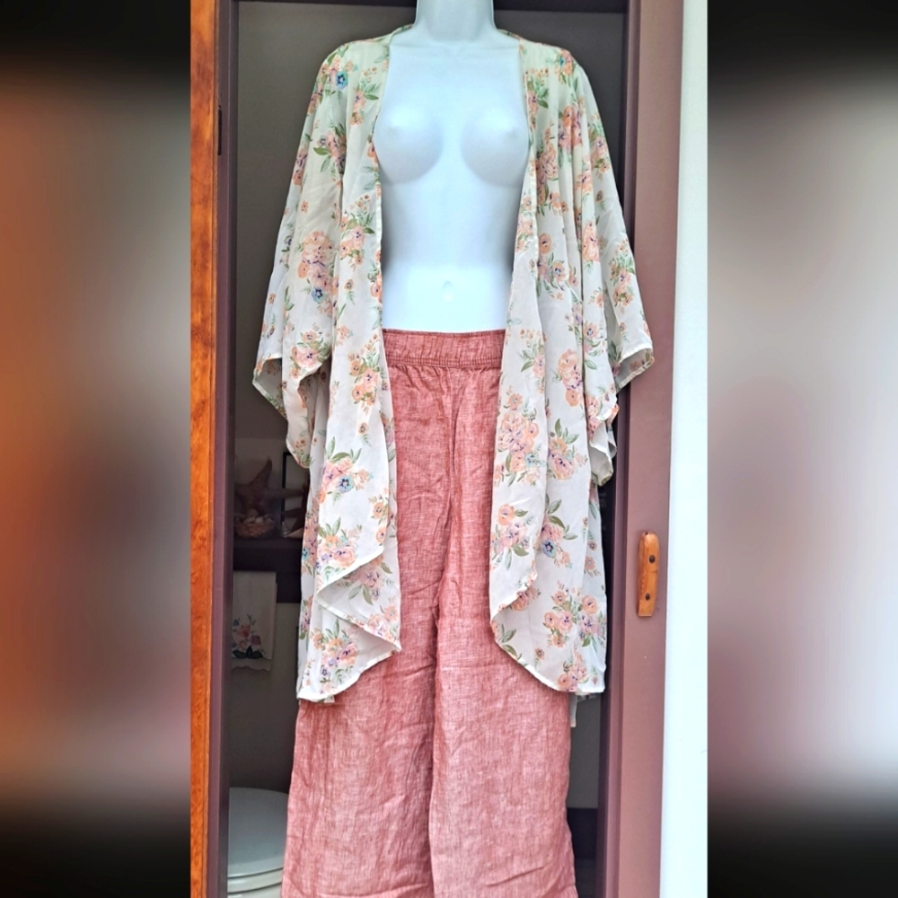 NWOT MUDD Plus Size Sheer Floral Long Kimono Peach Pink Flowers Off-White